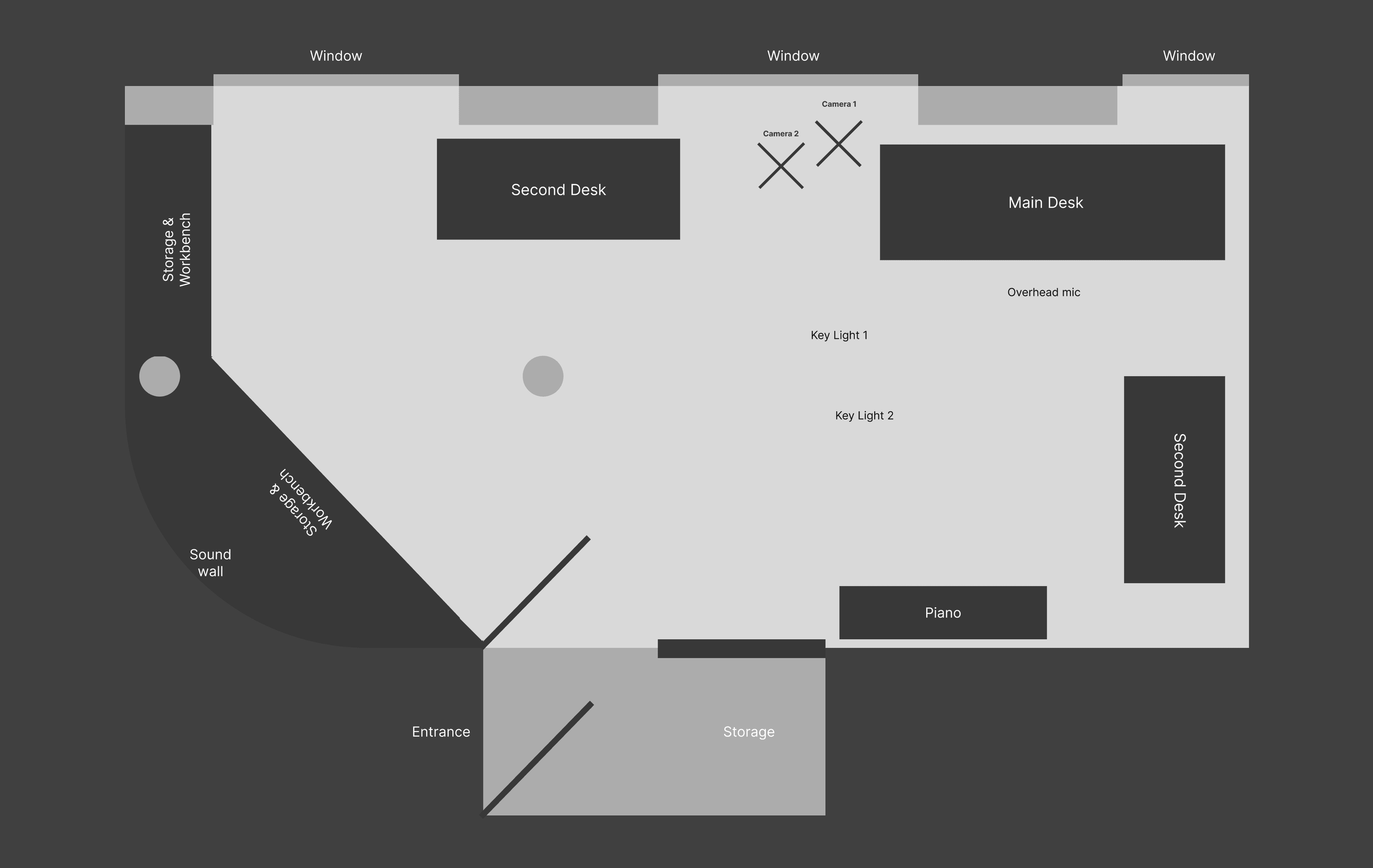 Maritime Street Studio floor plan showing desk positions, recording setup, and layout